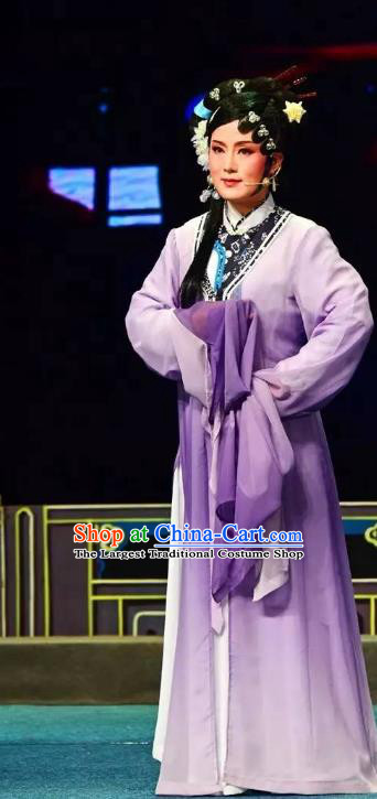 Chinese Shaoxing Opera Distress Maiden Purple Dress Garment and Headpieces Tian Dao Zheng Yi Hou Yue Opera Hua Tan Qin Xianglian Apparels Costumes