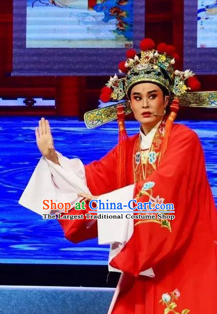 Chinese Yue Opera Young Male Chen Shimei Costumes and Headwear Shaoxing Opera Tian Dao Zheng Yi Garment Apparels Scholar Red Official Robe