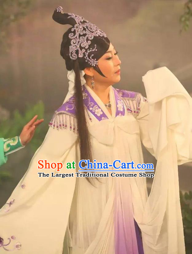 Chinese Shaoxing Opera Young Female Costumes and Headdress Legend of White Snake Yue Opera Actress Bai Suzhen Dress Garment Apparels