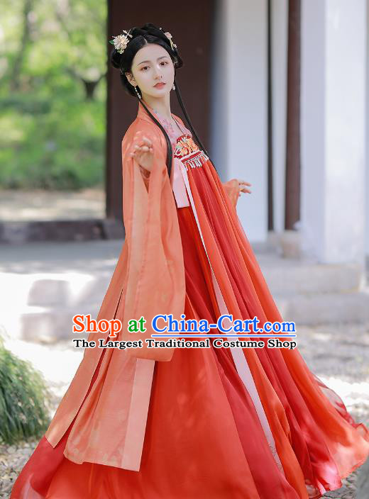 Traditional Chinese Tang Dynasty Embroidered Red Hanfu Dress Historical Costumes Ancient Court Lady Garment