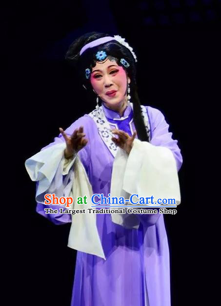 Chinese Shaoxing Opera Actress Qin Xianglian Purple Dress Costumes and Headdress Xianglian Case Yue Opera Distress Maiden Garment Apparels