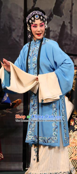 Xianglian Case Chinese Shaoxing Opera Tsing Yi Blue Cape Apparels Costumes and Headdress Yue Opera Distress Maiden Actress Qin Xianglian Garment