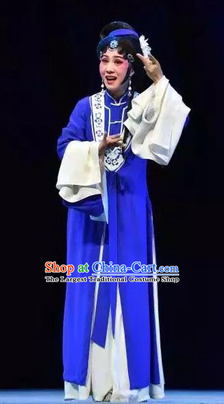 Chinese Shaoxing Opera Distress Maiden Blue Dress Costumes and Headdress Xianglian Case Yue Opera Tsing Yi Garment Apparels