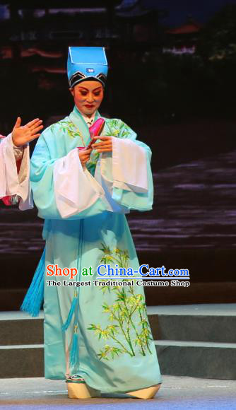 Chinese Yue Opera Young Man Qing Jian Fan Ying Apparels and Headwear Shaoxing Opera Xiaosheng Garment Scholar Green Embroidered Robe Costumes
