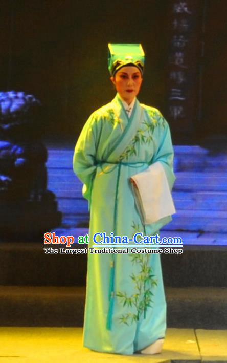 Chinese Yue Opera Young Man Qing Jian Fan Ying Apparels and Headwear Shaoxing Opera Xiaosheng Garment Scholar Green Embroidered Robe Costumes