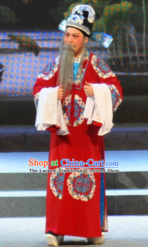 Chinese Yue Opera Elderly Man Qing Jian Fan Ying Apparels and Headwear Shaoxing Opera Laosheng Garment Official Embroidered Robe Costumes