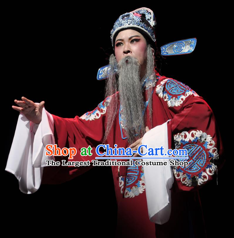 Chinese Yue Opera Elderly Man Qing Jian Fan Ying Apparels and Headwear Shaoxing Opera Laosheng Garment Official Embroidered Robe Costumes
