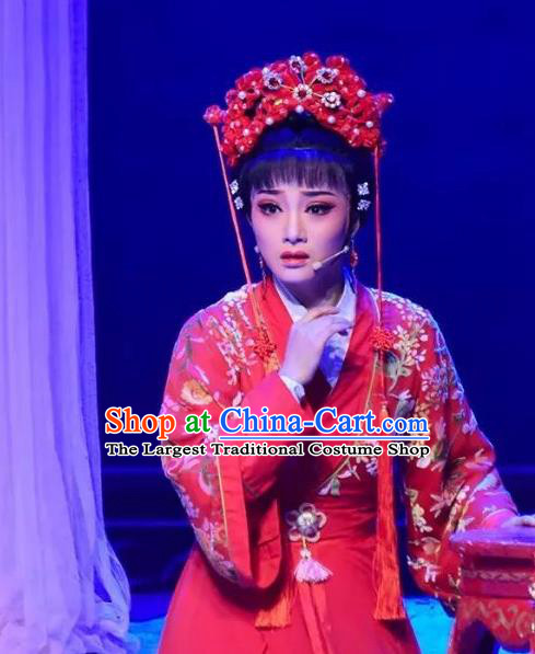 Chinese Shaoxing Opera Hua Tan Wedding Apparels Costumes and Headdress Fang Cao Meng Yue Opera Actress Red Dress Garment