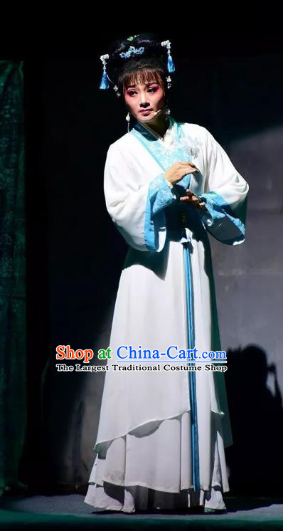 Chinese Shaoxing Opera Young Female Apparels Costumes and Headpieces Fang Cao Meng Yue Opera Hua Tan White Dress Garment
