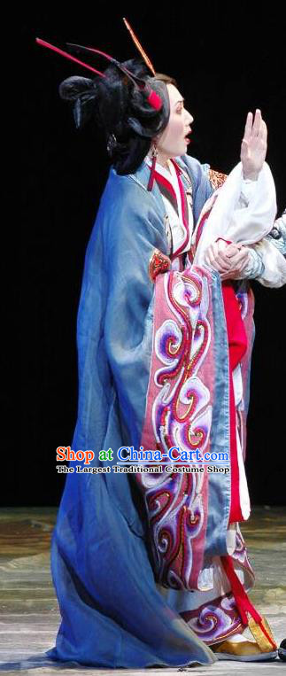 Chinese Shaoxing Opera Countess Apparels Costumes and Headdress The Orphan of Zhao Yue Opera Noble Female Dress Garment