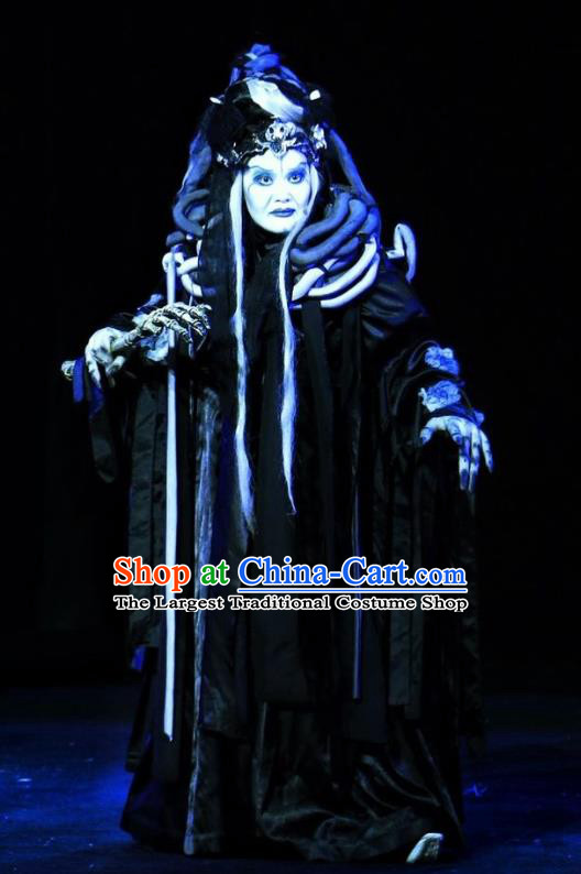 A Chinese Ghost Story Shaoxing Opera Monster Heishan Apparels Costumes and Headdress Yue Opera Elderly Woman Dress Garment