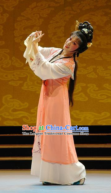 Chinese Shaoxing Opera Hua Tan Apparels Costumes and Headdress Lian Sheng San Ji Yue Opera Actress Zhen Sixue Dress Garment