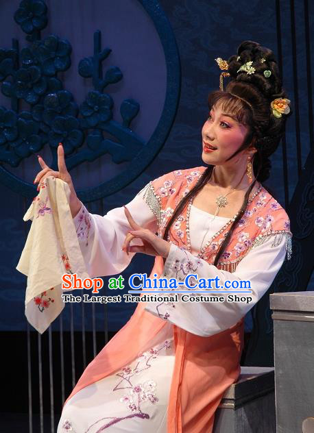 Chinese Shaoxing Opera Hua Tan Apparels Costumes and Headdress Lian Sheng San Ji Yue Opera Actress Zhen Sixue Dress Garment