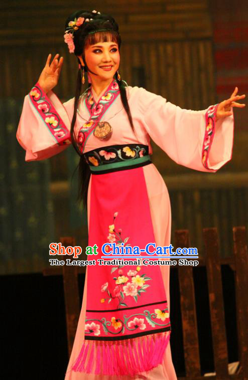 Chinese Shaoxing Opera Diva Pink Dress Apparels and Headpieces Huang Dao Po Yue Opera Woman Weaver Garment Young Female Costumes