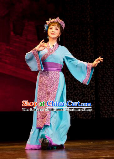 Chinese Shaoxing Opera Country Lady Blue Dress Apparels Costumes and Headpieces Huang Dao Po Yue Opera Xiaodan Young Girl Garment