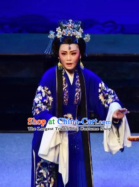 Chinese Shaoxing Opera Dowager Countess Costumes and Headdress Yue Opera Mrs Dayi Actress Infanta Chai Blue Dress Garment Apparels