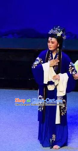 Chinese Shaoxing Opera Dowager Countess Costumes and Headdress Yue Opera Mrs Dayi Actress Infanta Chai Blue Dress Garment Apparels