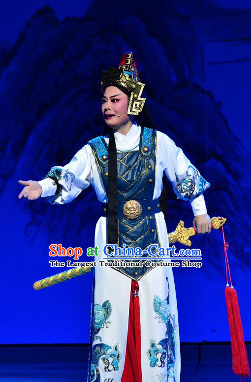 Mrs Dayi Chinese Yue Opera Martial Male Takefu Armor Garment Costumes and Headwear Shaoxing Opera Wusheng General Apparels