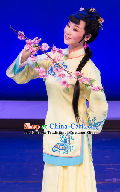 Chinese Shaoxing Opera Young Lady Yellow Apparels Costumes and Headdress Wu Gu Niang Yue Opera Actress Garment