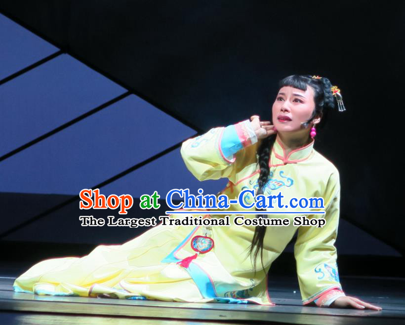 Chinese Shaoxing Opera Young Lady Yellow Apparels Costumes and Headdress Wu Gu Niang Yue Opera Actress Garment