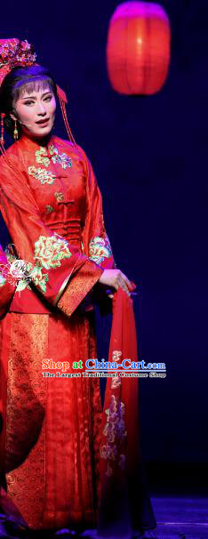Chinese Shaoxing Opera Young Mistress Rui Jue Red Dress Apparels Costumes and Headdress The Family Yue Opera Bride Wedding Garment