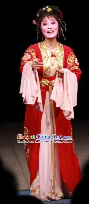 Chinese Shaoxing Opera Dan Role Fengxue Hanmei Li Sanniang Red Dress Costumes and Headpieces Yue Opera Actress Diva Garment Apparels