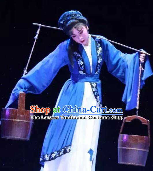 Chinese Shaoxing Opera Distress Maiden Fengxue Hanmei Li Sanniang Dress Costumes and Headpieces Yue Opera Young Female Blue Garment Apparels