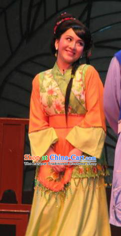 Chinese Shaoxing Opera Maidservant Dress Costumes and Headpieces Three Charming Smiles Yue Opera Xiaodan Garment Apparels
