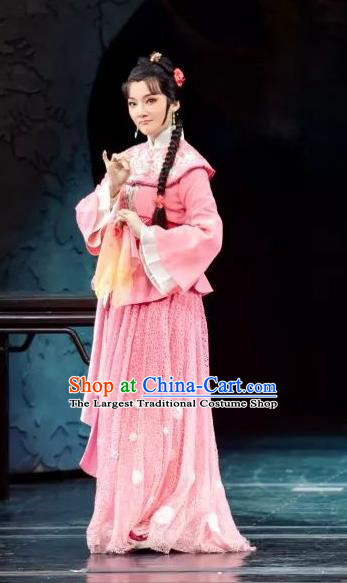 Chinese Shaoxing Opera Hua Tan Pink Dress Costumes and Headpieces Three Charming Smiles Yue Opera Maidservant Qiu Xiang Garment Apparels