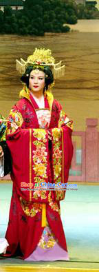 Chinese Shaoxing Opera Empress Red Dress Costumes and Headdress Yun Zhi Jin Yue Opera Court Woman Garment Apparels