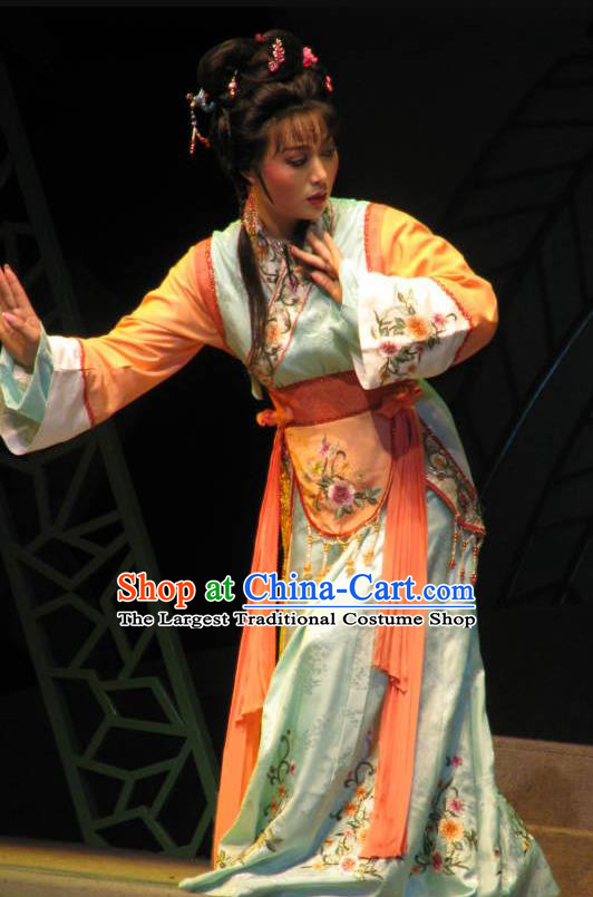 Chinese Shaoxing Opera Xiaodan Dress Costumes and Headdress Three Charming Smiles Yue Opera Young Female Garment Apparels