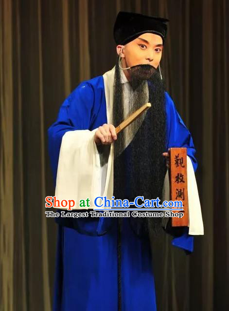 Chinese Kun Opera Elderly Male Blue Robe Costumes Fifteen Strings of Cash Garment and Headwear Kunqu Opera Soothsayer Apparels Clothing