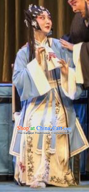 Chinese Kun Opera Young Female Blue Dress Apparels Costumes and Headpieces Lan Ke Mountain Kunqu Opera Hua Tan Garment
