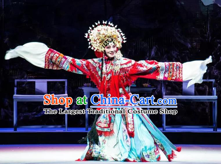 Chinese Kun Opera Imperial Consort Yang Red Dress Costumes and Headdress Rain on the Phoenix Tree Kunqu Opera Hua Tan Garment Apparels