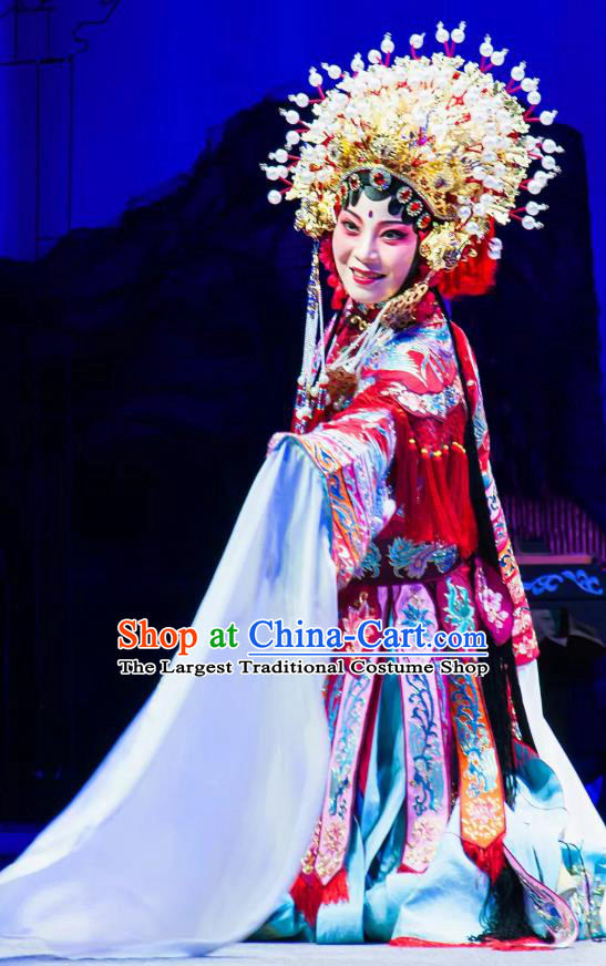 Chinese Kun Opera Imperial Consort Yang Red Dress Costumes and Headdress Rain on the Phoenix Tree Kunqu Opera Hua Tan Garment Apparels