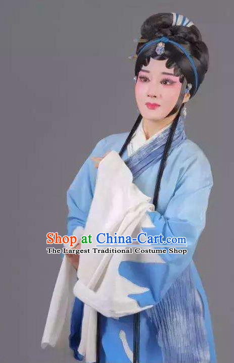 Chinese Kun Opera Actress Blue Dress Costumes and Headdress Meng Jiangnv Sends Winter Clothes Kunqu Opera Young Female Garment Apparels