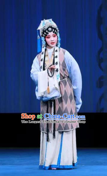 Chinese Kun Opera Elderly Female Dress Apparels Costumes and Headdress Bai Luo Shan Kunqu Opera Taoist Nun Su Garment