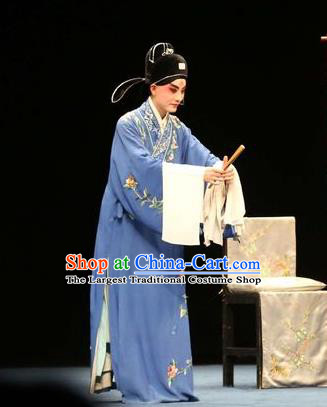 Bai Luo Shan Chinese Kun Opera Xiaosheng Scholar Xu Jizu Apparels Garment Costumes and Headwear Kunqu Opera Young Male Blue Robe Clothing