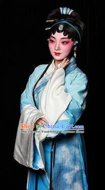 Chinese Kun Opera Actress Blue Dress Costumes and Headdress Meng Jiangnv Sends Winter Clothes Kunqu Opera Young Female Garment Apparels