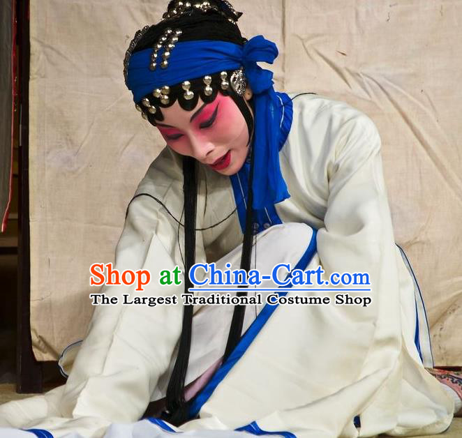 Chinese Kun Opera Distress Maiden Fu Guiying White Dress Apparels Costumes and Headdress Burning Incense Kunqu Opera Diva Young Female Garment