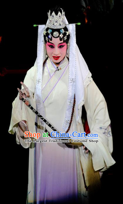 Chinese Kun Opera Taoist Nun Miao Yu Apparels Costumes and Headdress Dream of Red Mansions Kunqu Opera Young Beauty White Dress Garment