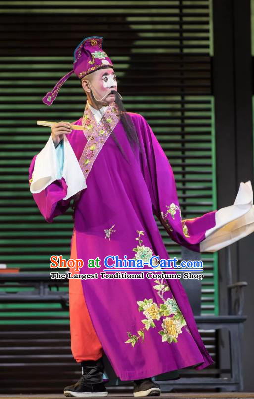 Chinese Kun Opera Chou Apparels Garment Costumes and Headwear the Legend of Washing the Silk Gauze Kunqu Opera Clown Purple Clothing