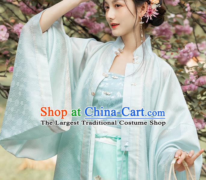 Chinese Traditional Ming Dynasty Blue Brocade Waistcoat Ancient Noble Lady Garment Corset Vest Historical Costumes