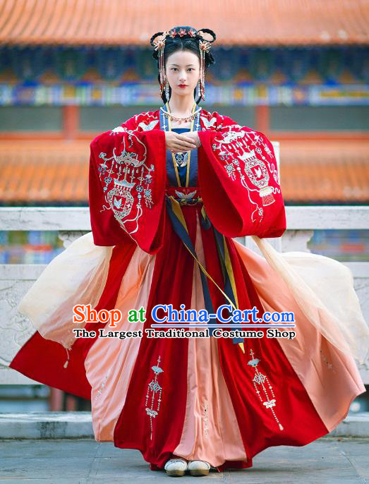 Chinese Ancient Tang Dynasty Palace Lady Historical Costumes Princess Embroidered Garment Traditional Red Hanfu Dress Complete Set