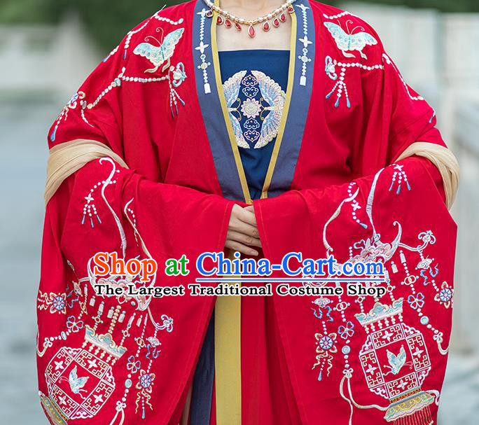 Chinese Ancient Tang Dynasty Palace Lady Historical Costumes Princess Embroidered Garment Traditional Red Hanfu Dress Complete Set
