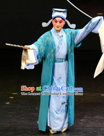 Chinese Kun Opera Noble Childe Jia Lian Apparels and Headwear Dream of Red Mansions Garment Costumes Kunqu Opera Young Male Blue Clothing