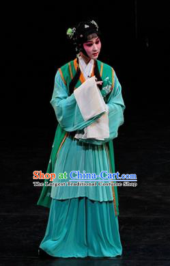 Chinese Kun Opera Servant Girl Zi Juan Apparels Costumes and Headpieces Dream of Red Mansions Kunqu Opera Young Lady Green Dress Garment