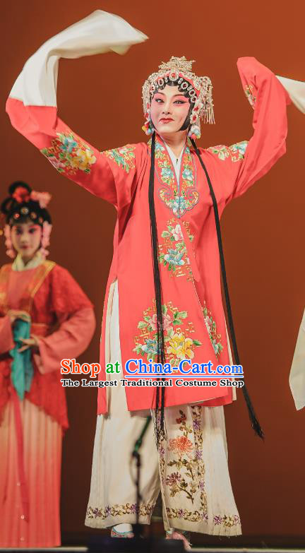 Chinese Kun Opera Young Lady Red Dress Apparels Costumes and Headdress The Tale of Handan Kunqu Opera Hua Tan Cui Garment