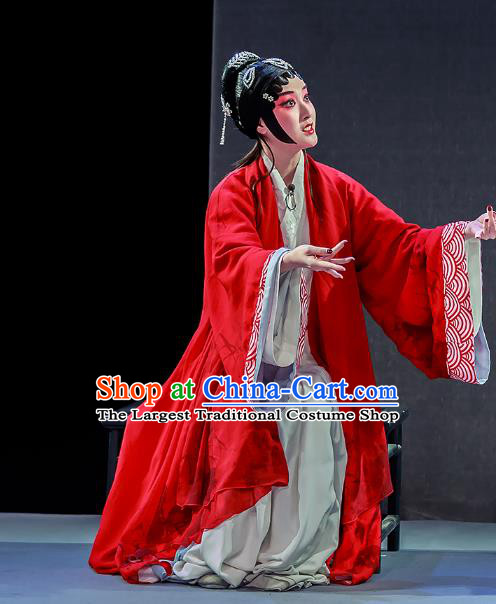 Chinese Kun Opera Hua Tan Red Apparels Costumes and Hair Accessories Si Sheng Yuan Kunqu Opera Actress Liu Cui Dress Garment