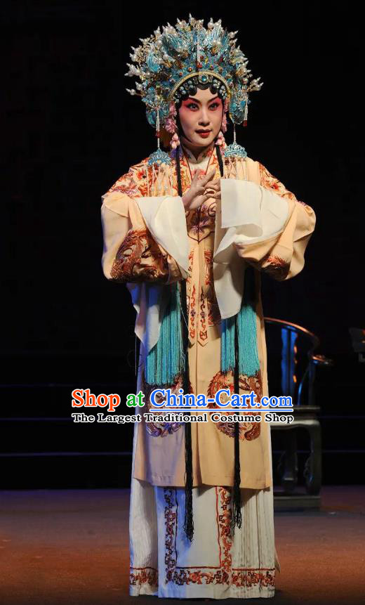 Chinese Kun Opera Hua Tan Empress Apparels Costumes and Headdress Jing Yang Zhong Traditional Kunqu Opera Queen Dress Garment